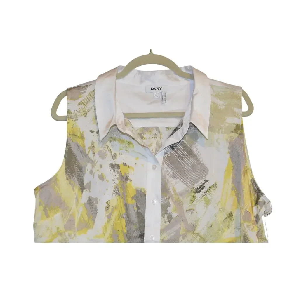 DKNY Women's Printed Sleeveless Collared Top in Pebble Light Lemon Multi
